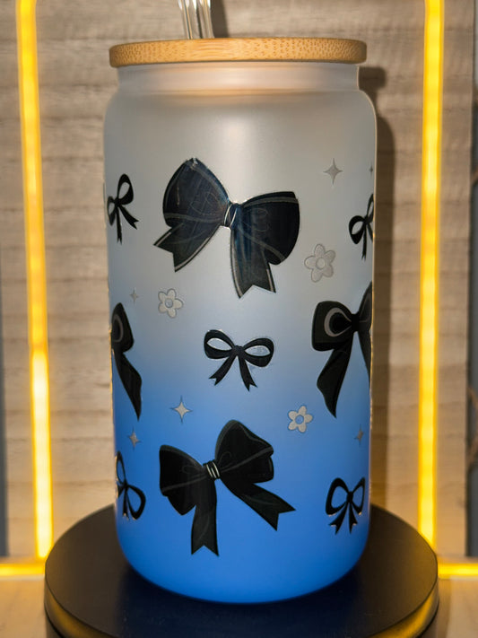 16oz Glass Blue & Black Bows