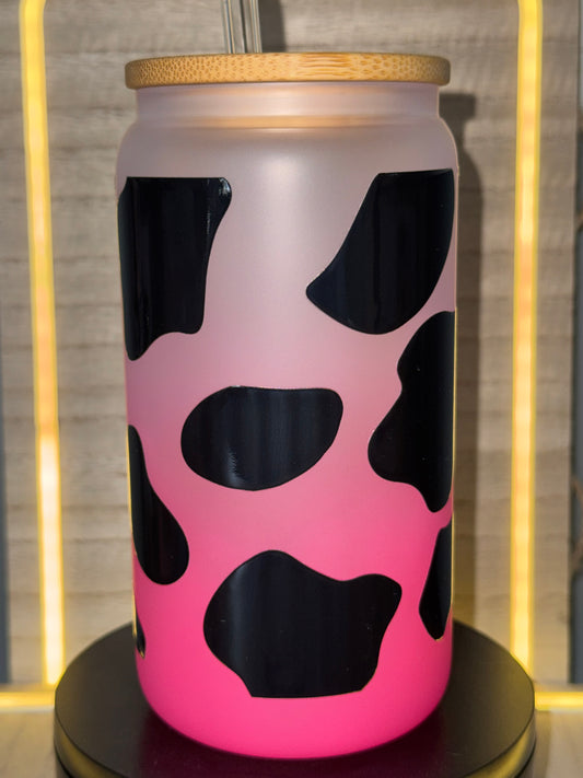 16oz Glass Pink Cowprint