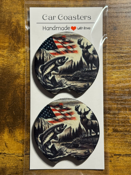 Black & White Fish & Deer Car Coasters