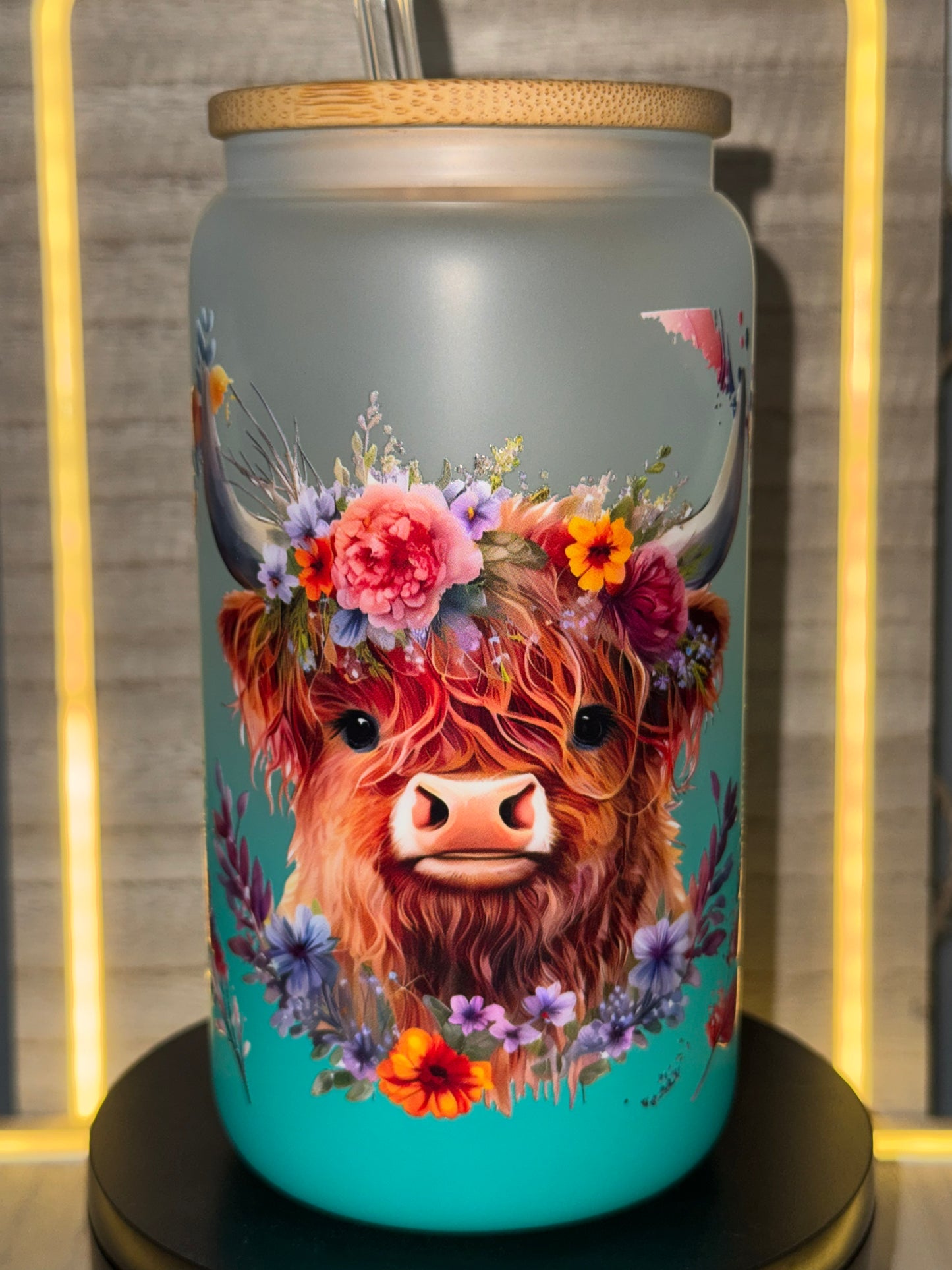 16oz Glass Highlander Cow Teal