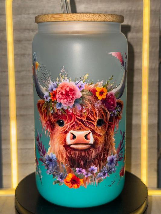 16oz Glass Highlander Cow Teal